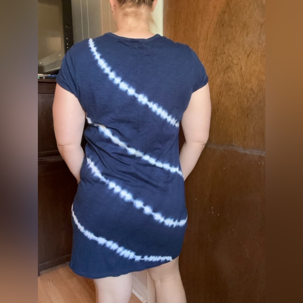 Gap Women’s Large 100% Slub Cotton Blue White Tie Dye Rolled Sleeve Knee Dress - Picture 2 of 10